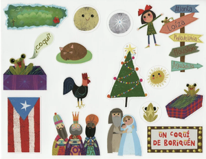 Set de 17 stickers de "Un coquí de Boriquén con los Reyes a Belén"